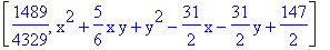 [1489/4329, x^2+5/6*x*y+y^2-31/2*x-31/2*y+147/2]